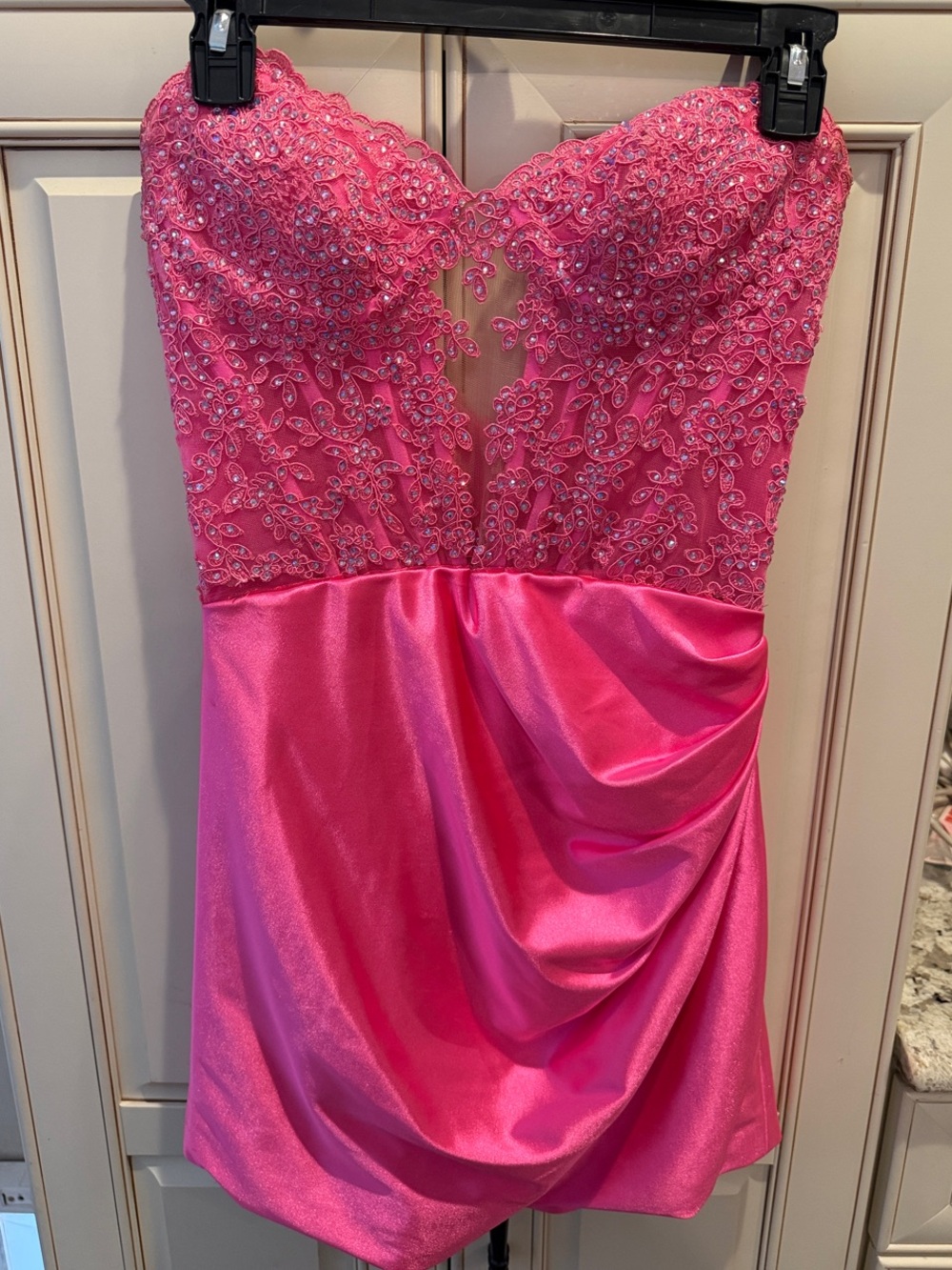 Sherri Hill Strapless Hot Pink Beaded Cocktail Dress